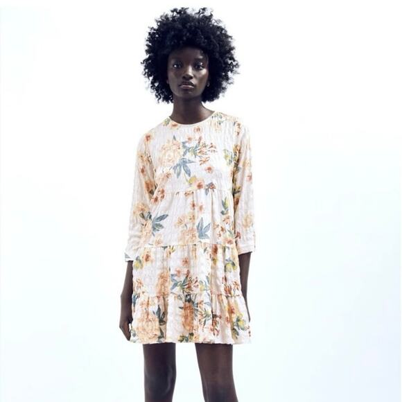 Zara Multicolor Floral Textured 3/4 Sleeve Tiered Flounce Hem Mini Shift Dress M - Picture 3 of 16